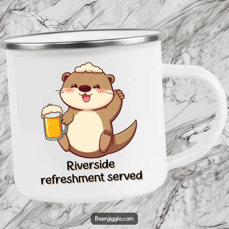 Funny Camping Mug featuring a cheerful otter floating with a beer mug, perfect for enjoying drinks outdoors.