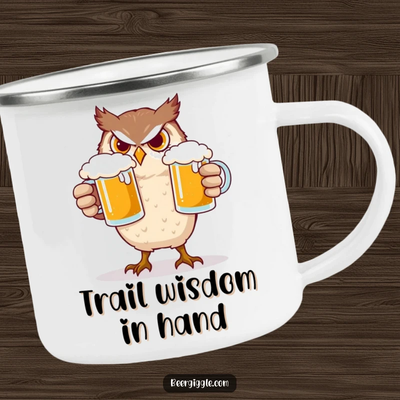 Funny Owl Camping Mug: A determined owl character precariously balancing two beer mugs in an outdoor setting.