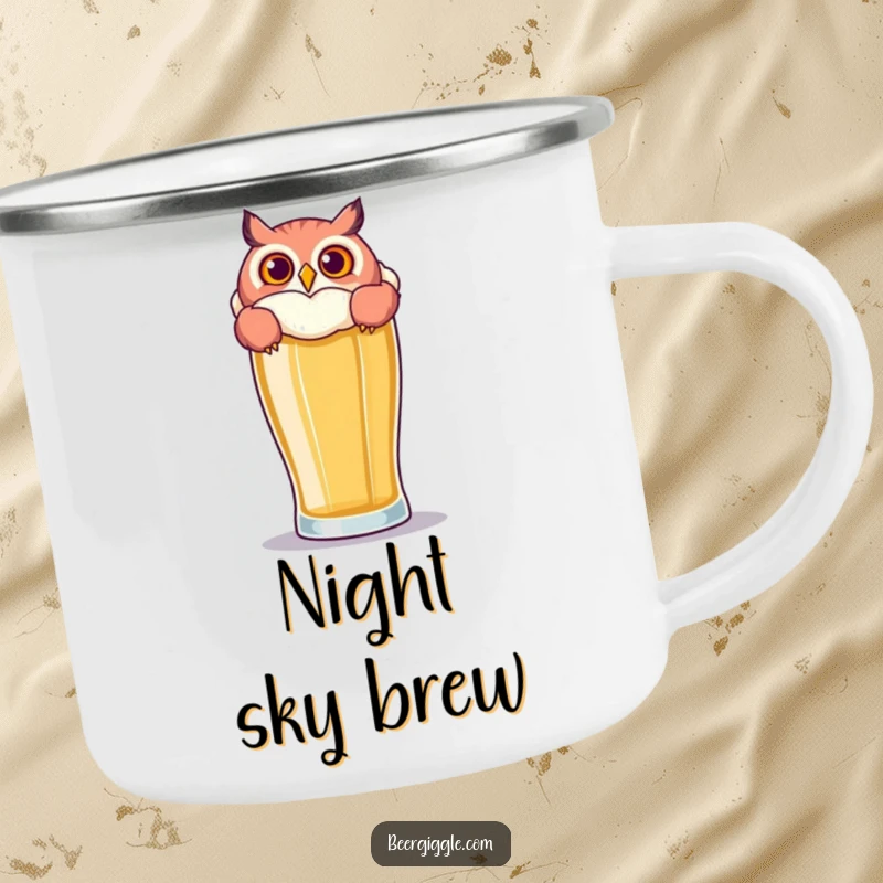 Funny Owl Beer Camping Mug: A playful owl peers over a large beer glass, ready for hilarious outdoor observation.