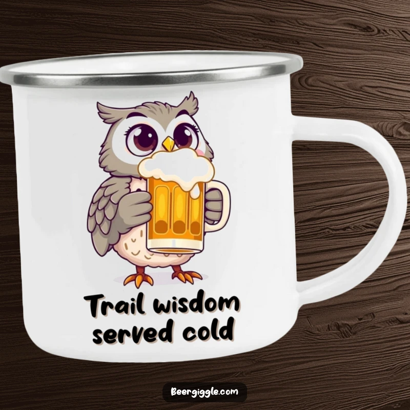 Funny owl with wide, delighted eyes holding a beer stein, ideal for camping and adventures, embodying wise, hilarious fun.