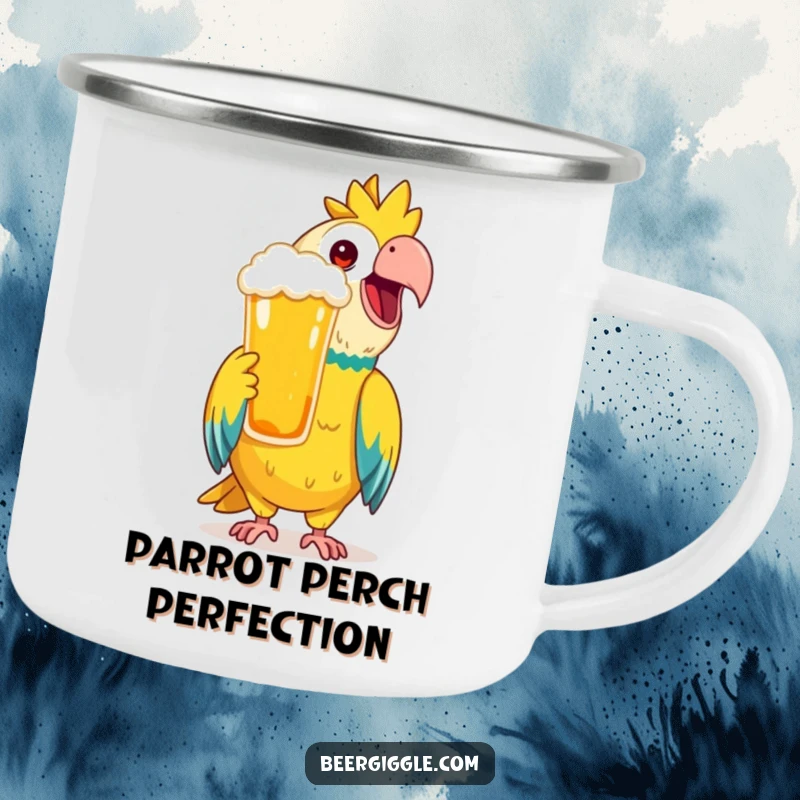 Funny Camping Mug featuring a happy parrot mimicking a toast with a beer, perfect for tropical-themed outdoor fun.