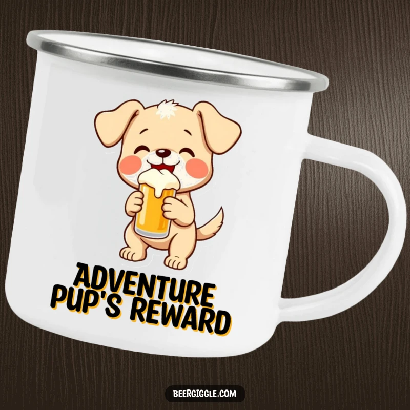 Funny puppy wagging its tail, holding a small beer, ideal for camping and adventures, embodying hilarious, joyful fun.