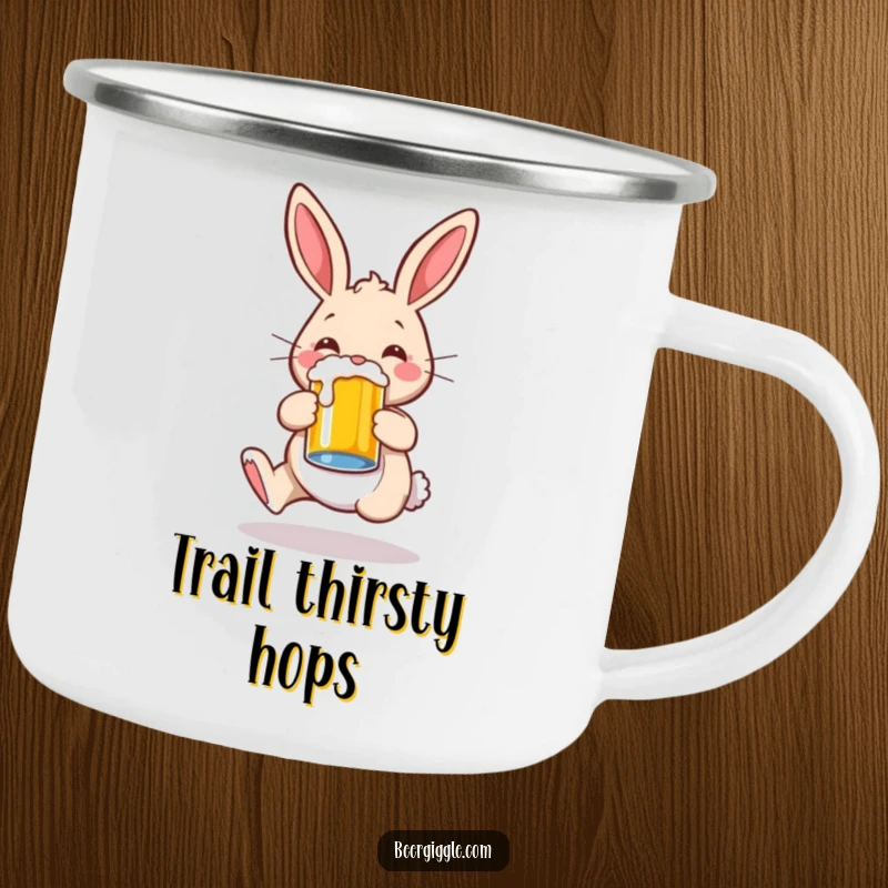 Funny rabbit character joyfully hopping with a beer mug, enamel camping mug, durable and portable for outdoor use.