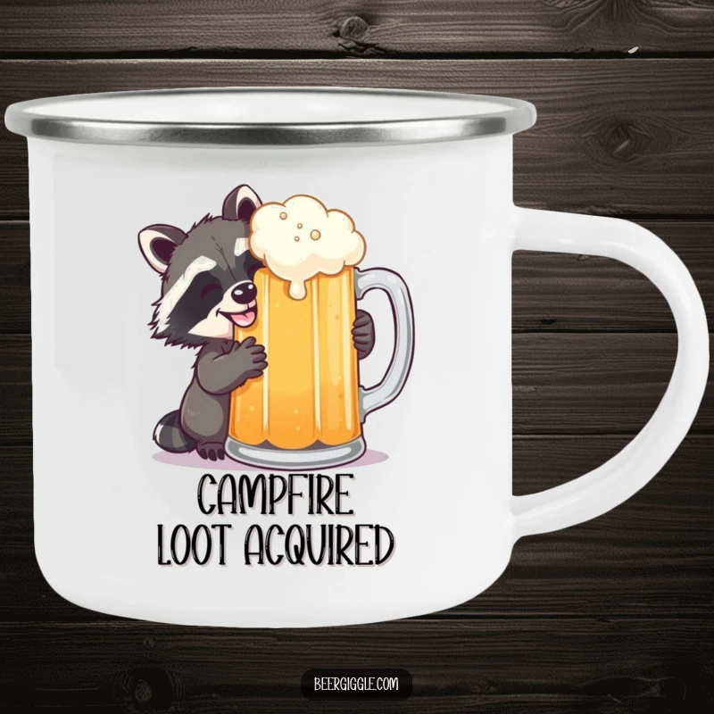 Funny raccoon grinning, sneaking a sip of beer, ideal for camping and adventures, embodying hilarious, mischievous fun.