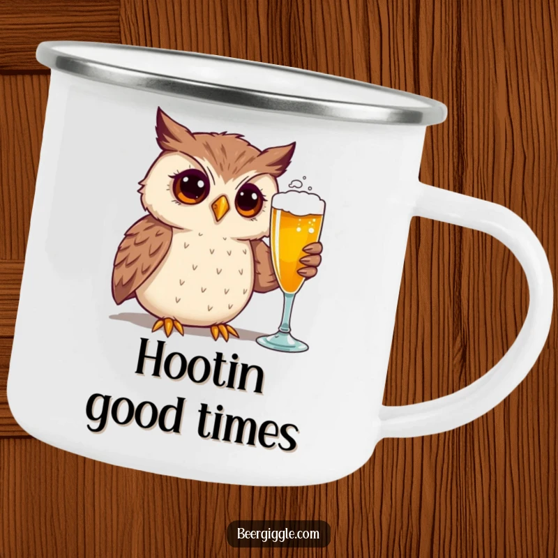Funny camping mug featuring a curious owl character gazing at a beer glass, perfect for outdoor humor.