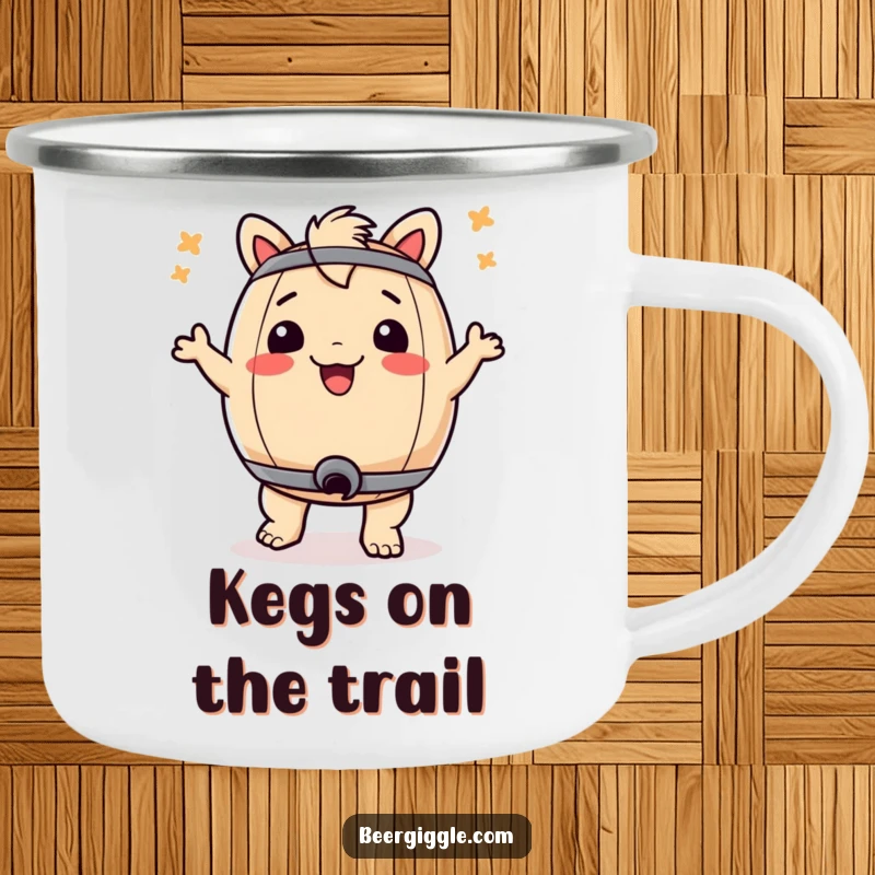 Funny enamel camping mug with a dancing keg illustration, perfect for hot beverages during outdoor adventures.