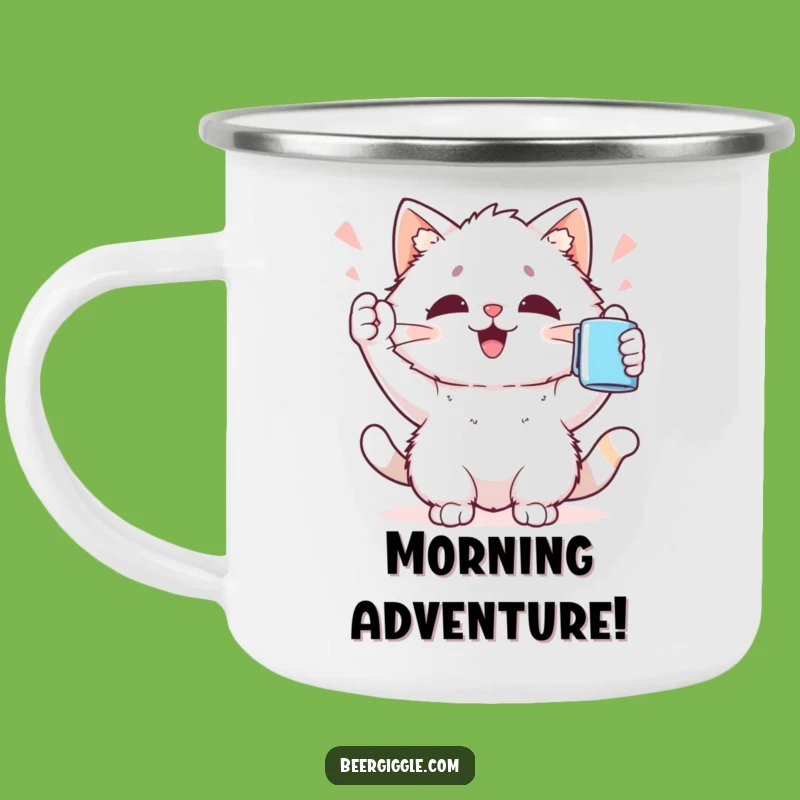 Funny Kawaii Cat Camping Mug: Sturdy Mug with Cat Cheering Mug Aloft