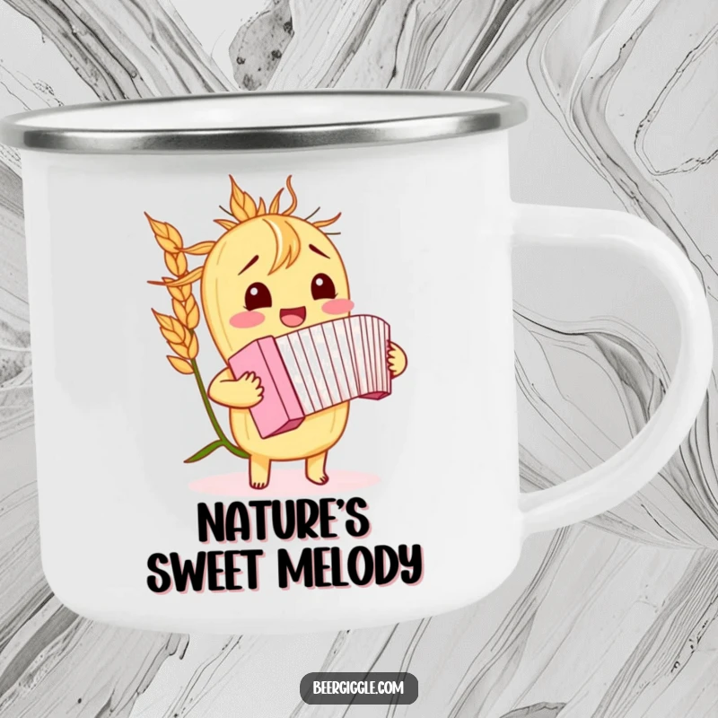 Funny barley stalk camping mug, enamel, giggling, playing a miniature accordion, outdoor gear, humorous beverage holder.