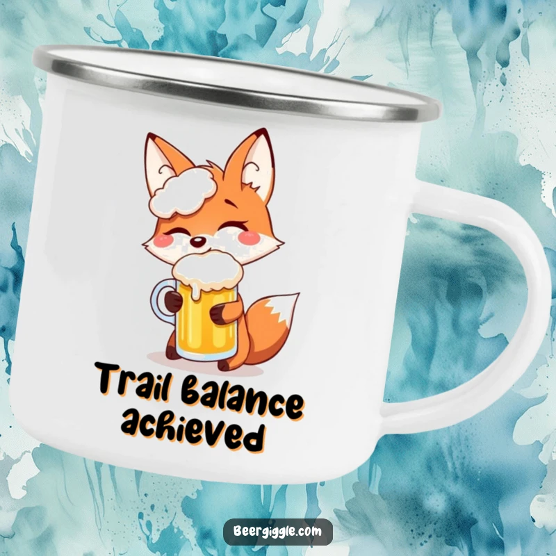 Funny fox giggling, balancing a beer mug on its snout, ideal for camping and adventures, embodying hilarious, playful fun.