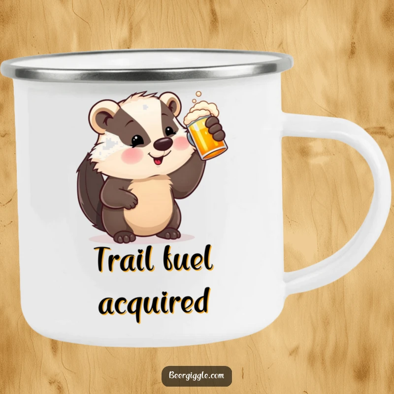 Funny Camping Mug featuring a contented badger character raising a frothy beer stein, perfect for outdoor enthusiasts.