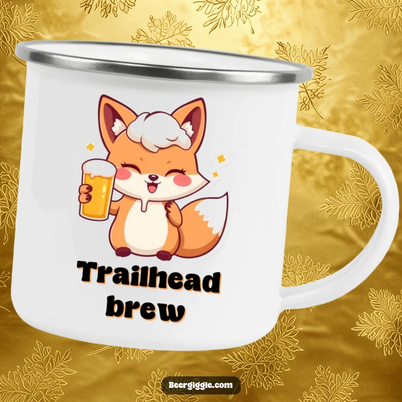 Funny kawaii fox winking with a beer on a sturdy camping mug, perfect for outdoor humor.
