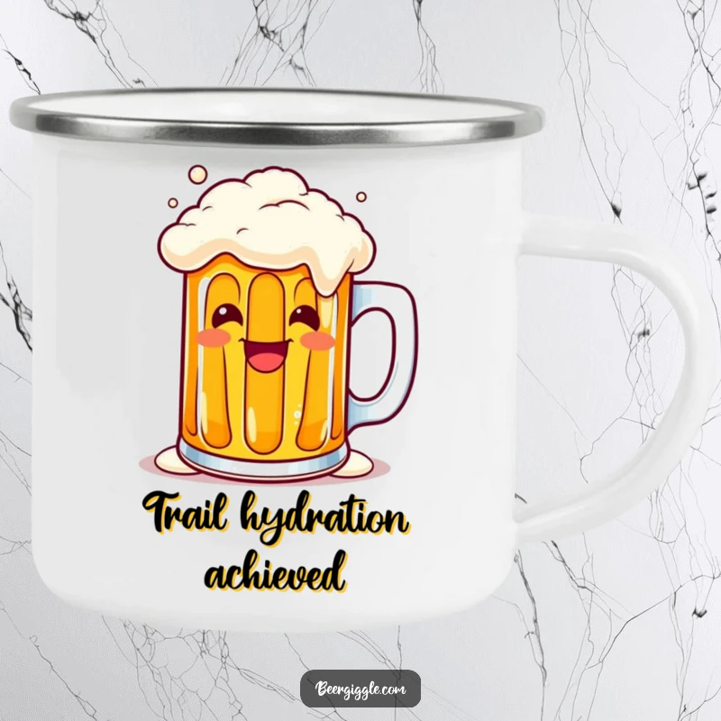 Funny kawaii beer mug overflowing with a cheerful grin on a durable camping mug, perfect for outdoor adventures. Great gift.