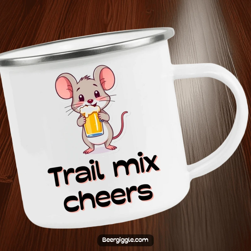Funny camping mug depicting a happy mouse character balancing a small beer mug, perfect for outdoor enthusiasts who enjoy humorous companions.