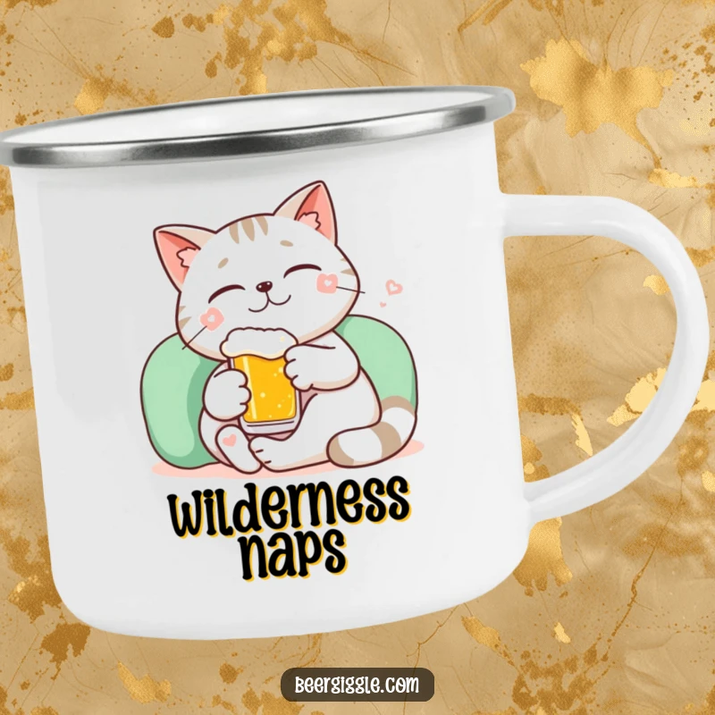 Funny kawaii cat lounging with a tiny beer and a smile on a sturdy camping mug.