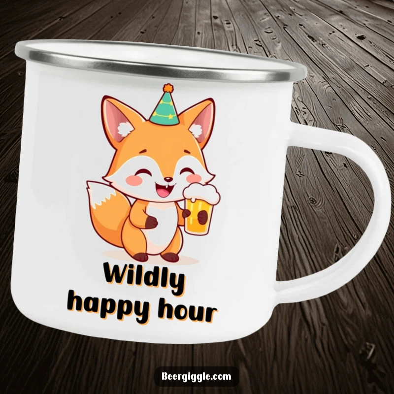 Funny Fox Party Beer Camping Mug: A smiling fox in a party hat holds a beer, ready for hilarious outdoor fun.