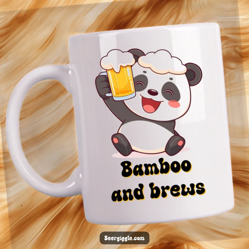 Funny panda mug raising a frothy beer stein with a big grin, perfect for beer lovers and panda enthusiasts.