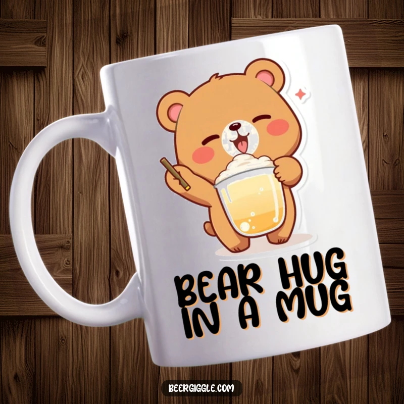 Funny Bear Winking Mug: A delighted bear winks while balancing a foamy drink, perfect for humorous morning sips.