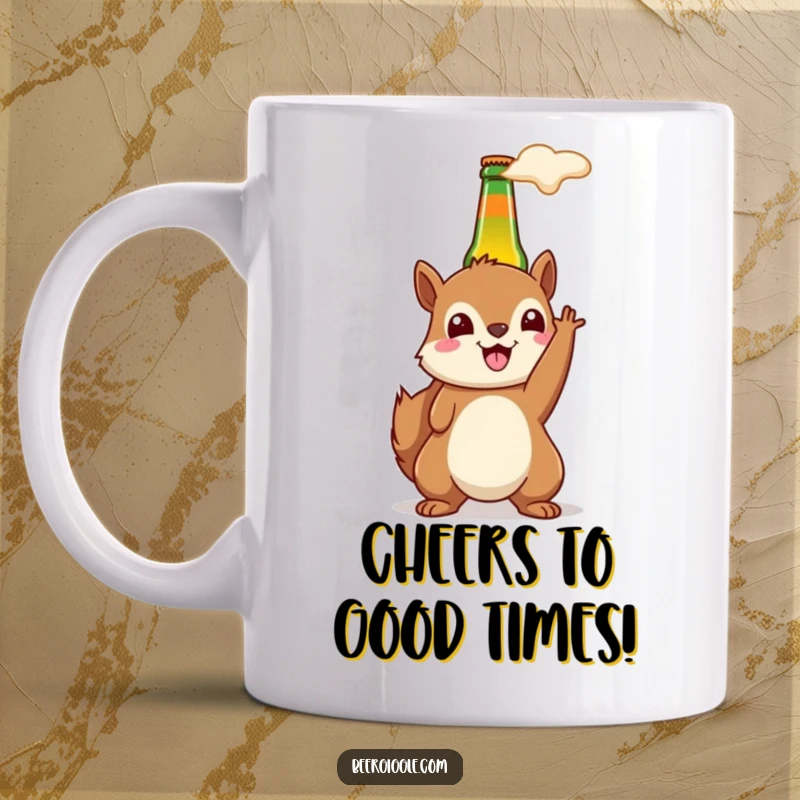 Funny kawaii squirrel mug with a happy grin, holding a beer bottle aloft, ready for a celebration.