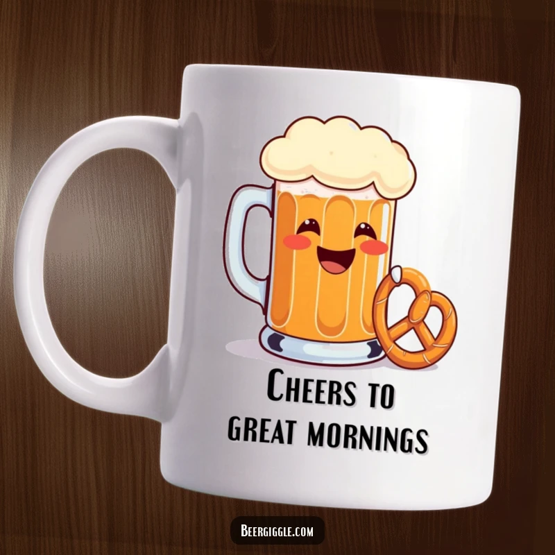 Funny beer mug, grinning, toasting with a tiny pretzel, celebrating, party, humor, beer lover gift idea.
