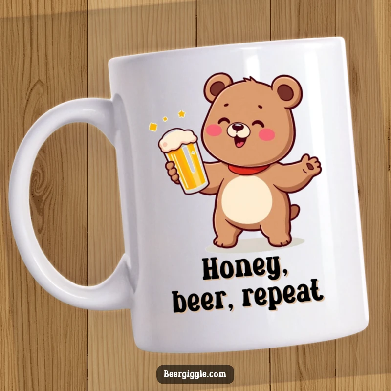 Funny bear mug with a cute character doing a happy dance while holding a beer, celebrating joy.