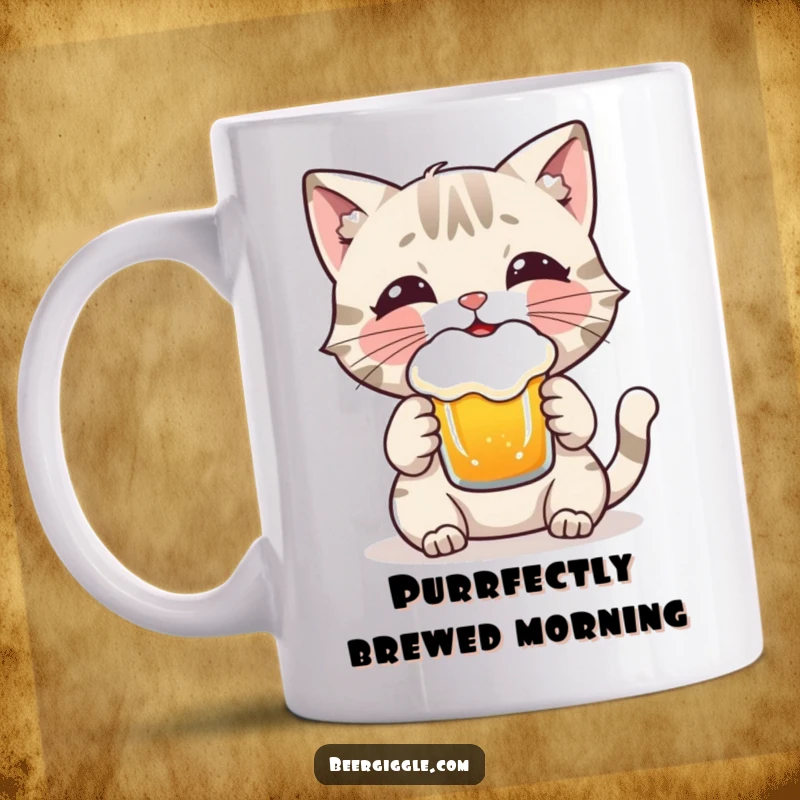 Funny Cat Mug: A playful cat character happily enjoying a frothy beer, embodying relaxation and fun.