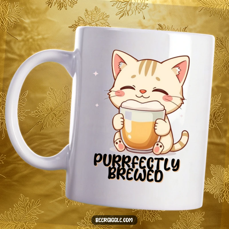 Funny cat mug with a smiling character enjoying a foamy brew with eyes closed, perfect for cat lovers.