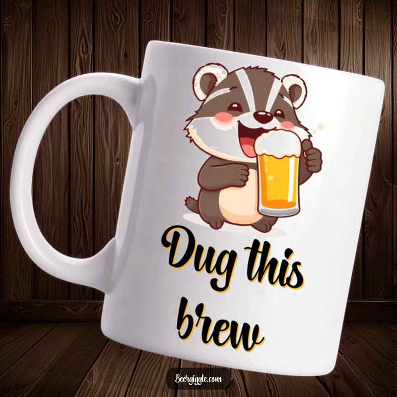 Funny mug featuring a delighted badger character joyfully toasting with a beer mug, exuding pure happiness.