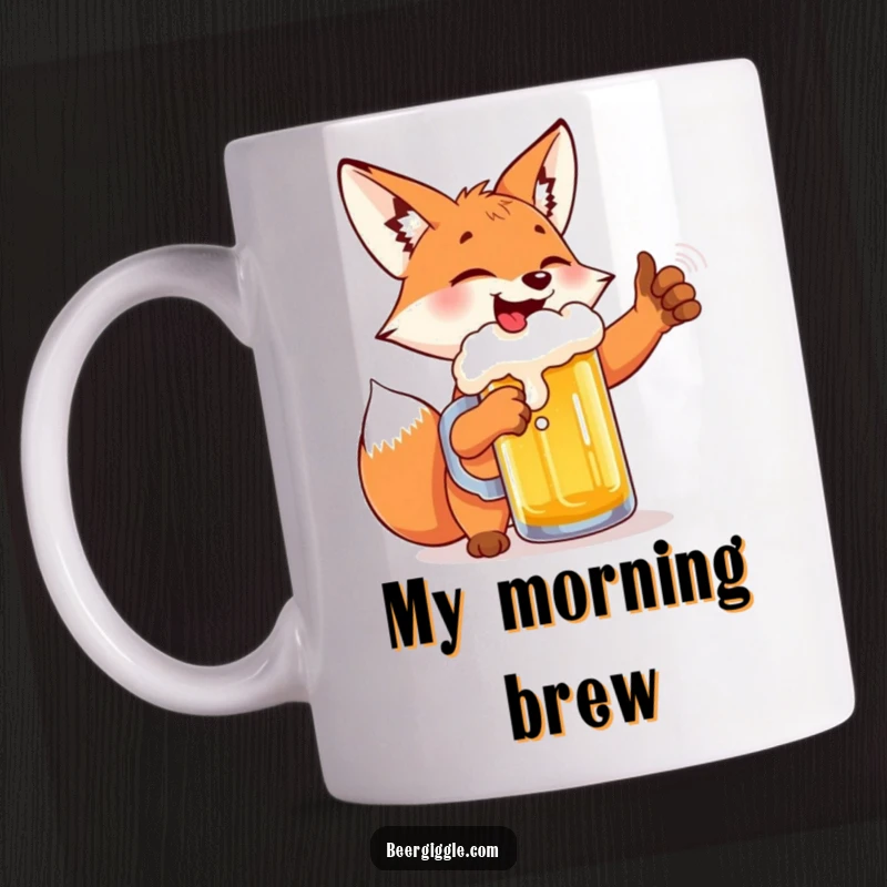 Funny giggling fox beer mug, gleefully high-fiving a frothing pint, radiating mischievous joy and celebration.