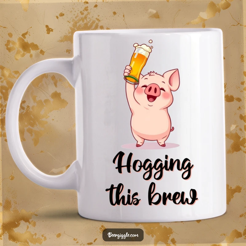 Funny beer mug featuring a gleeful pig character joyfully holding a beer bottle high in celebration, radiating pure happiness.