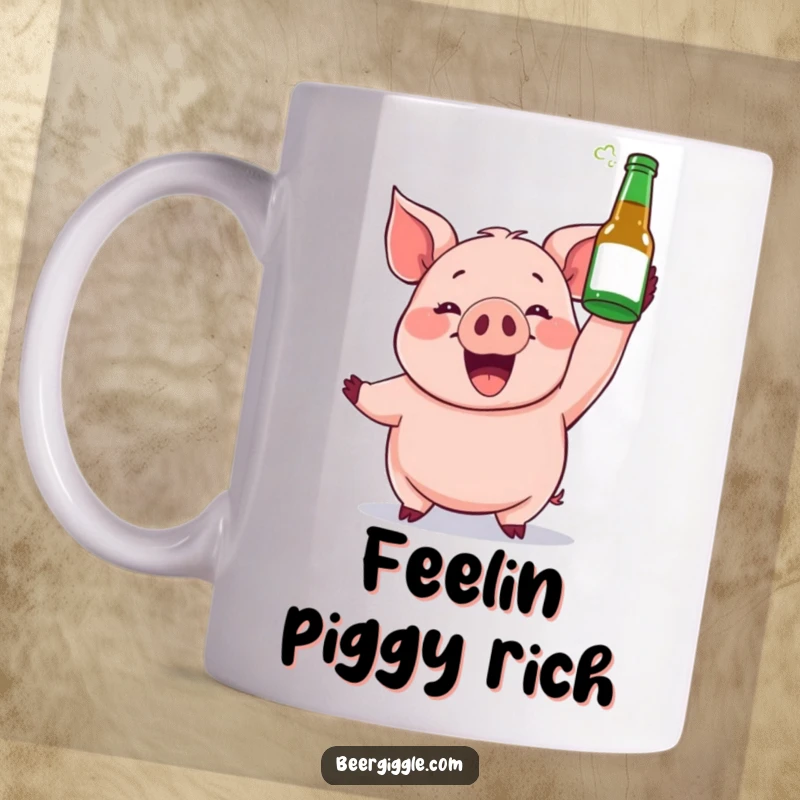 Funny mug featuring a gleeful pig character triumphantly holding a beer bottle aloft, radiating pure, unadulterated happiness.
