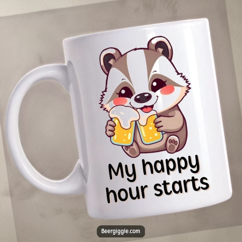 Funny kawaii badger mug with a wide, contented smile, happily drinking beer, perfect for a humorous gift.