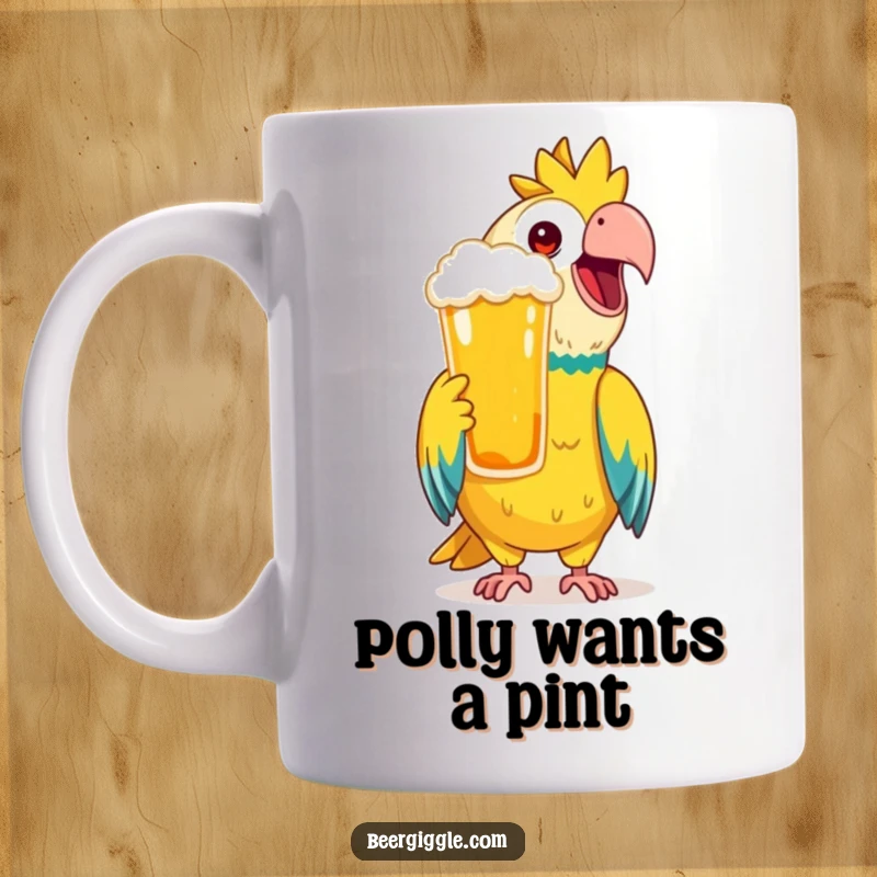 Funny Mug featuring a happy parrot character mimicking a toast with a frothy beer, ready to celebrate.