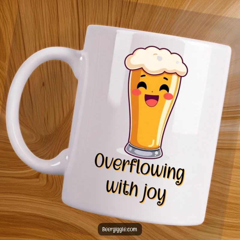 Funny pint glass mug, delighted, overflowing with frothy beer, beer lover, celebration, humor, beverage.
