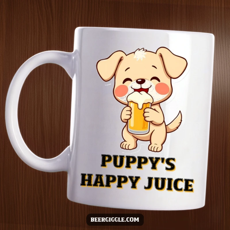 Funny, playful puppy wagging its tail excitedly while holding a small frothy beer, radiating pure, hilarious joy.
