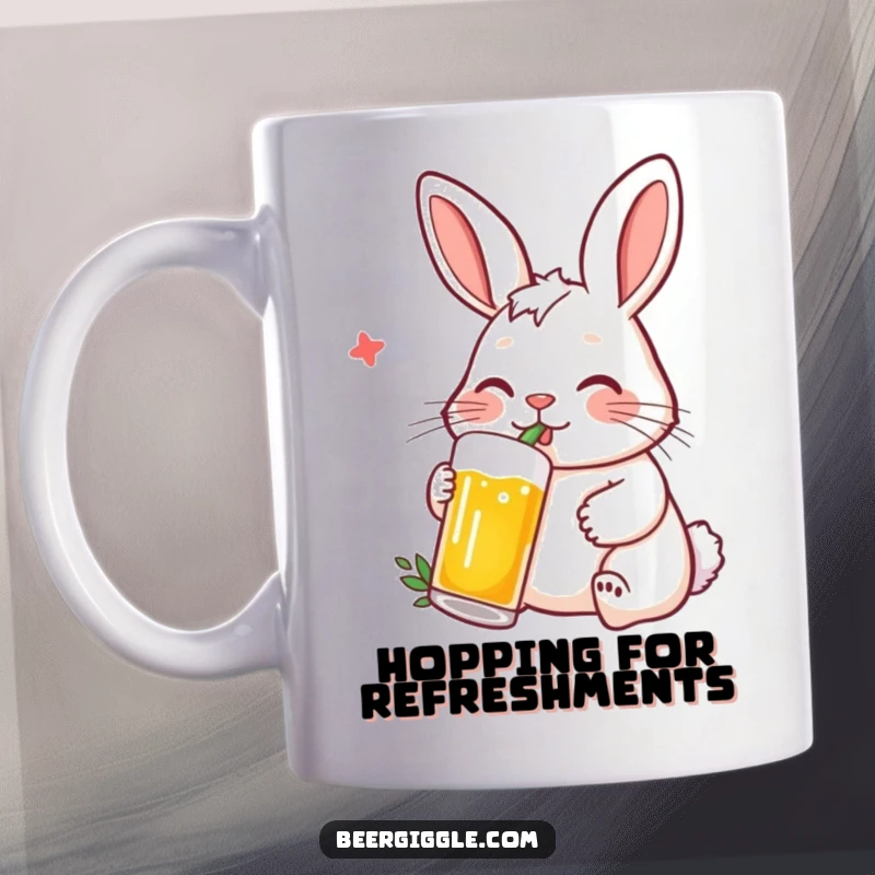 Funny Rabbit Mug: A contented rabbit character casually sipping beer from a bottle using a straw.