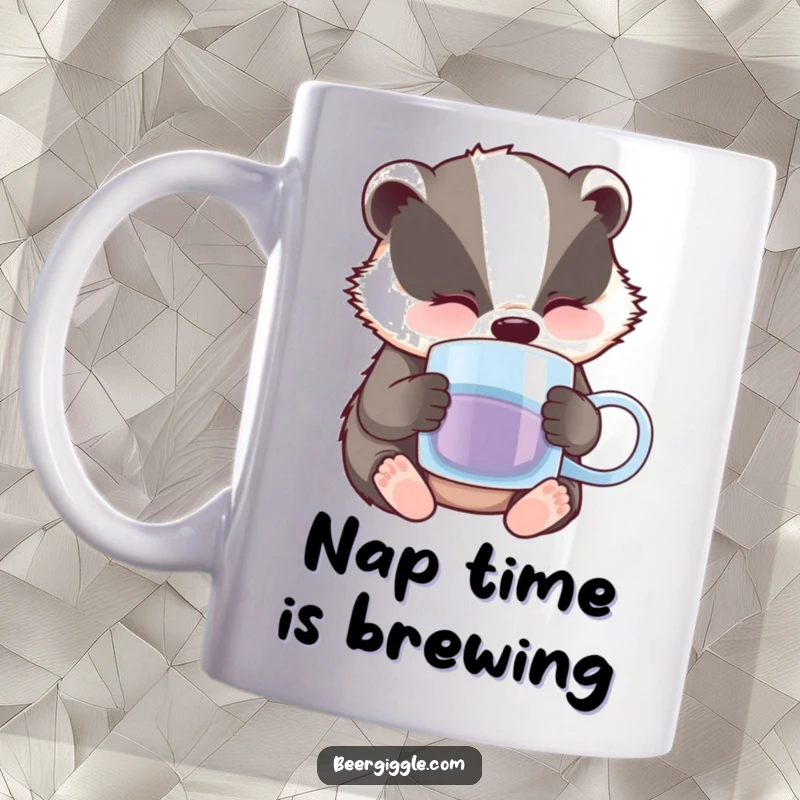 Funny Badger Mug: A sleepy badger character gently nodding off, head resting near a half-empty beer mug.