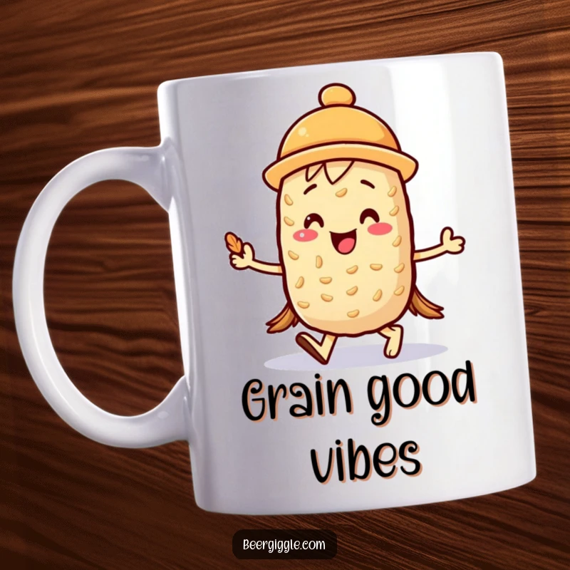 Funny kawaii barley character joyfully marching with a mini foam hat on a mug, a cheerful and upbeat design. Great gift.