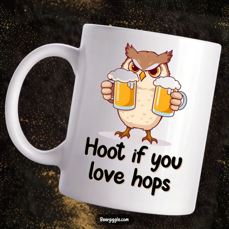 Funny Owl Mug: A determined owl character precariously balancing two frothy beer mugs, showing concentration and a touch of silliness.
