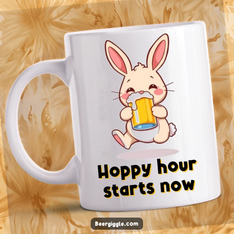 Funny rabbit character joyfully hopping with a large beer mug, celebrating good times, perfect for humor lovers.