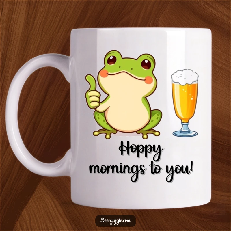 Funny Kawaii Frog Thumbs Up Mug: A happy frog giving a thumbs up next to a beer glass. Cheerful and humorous drinkware for amphibian fans.