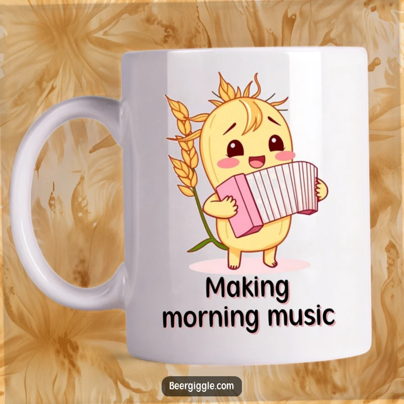 Funny barley stalk mug, giggling, playing a miniature accordion, music, brewing ingredient, humorous character.