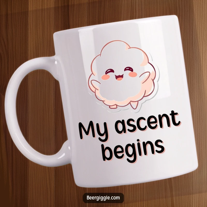 Funny kawaii foamy character giggling while floating upwards on a mug, a whimsical and cheerful design. Great gift.