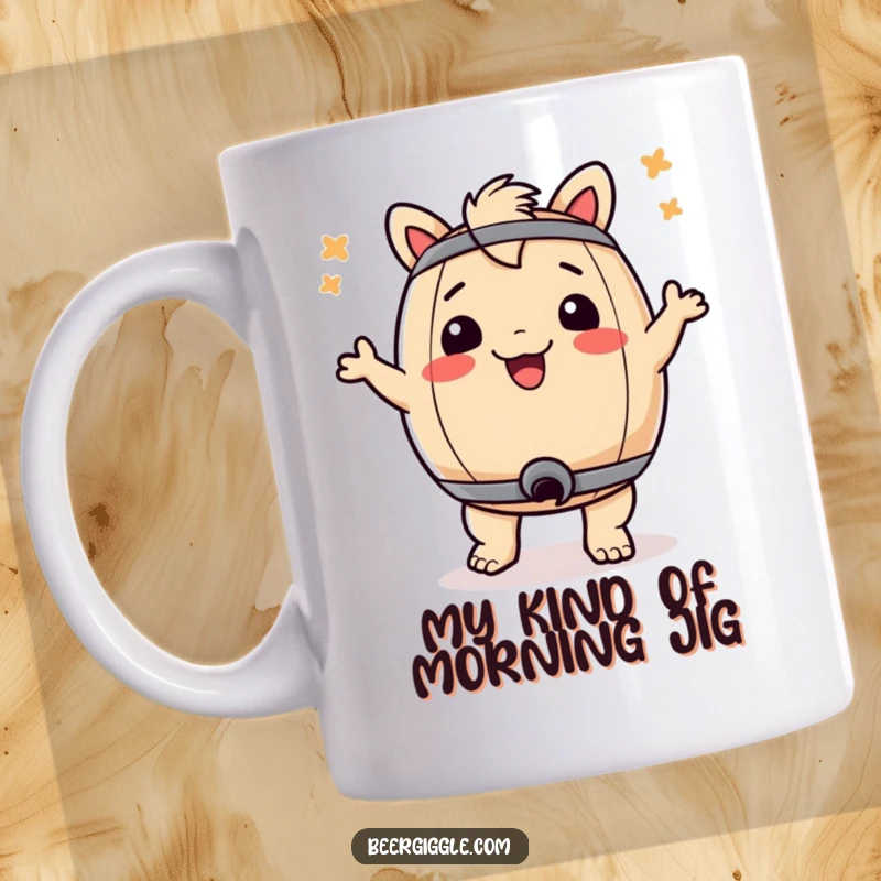 Funny beer mug with a cartoon keg doing a joyous bum dance, celebrating with a wide grin and energetic moves.