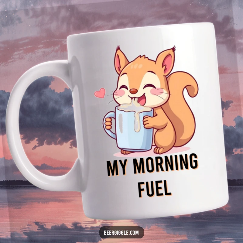 Funny Kawaii Squirrel Mug: A mischievous squirrel gleefully chugging from a tiny mug. Adorable and humorous drinkware for woodland creature fans.