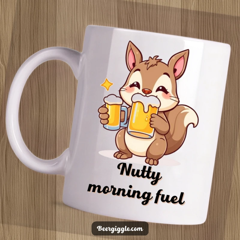 Funny mug featuring a cheerful squirrel character happily holding a beer mug, embodying jovial woodland spirit.