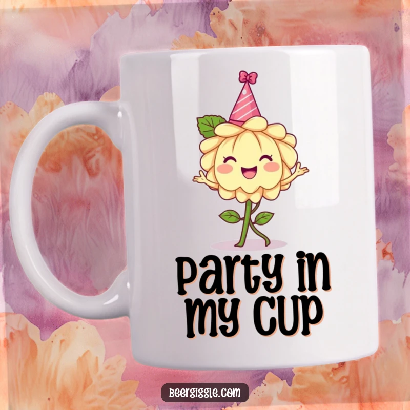 Funny hops flower mug, cheerful, wearing a tiny party hat, dancing, brewing, beer ingredient, humorous character.
