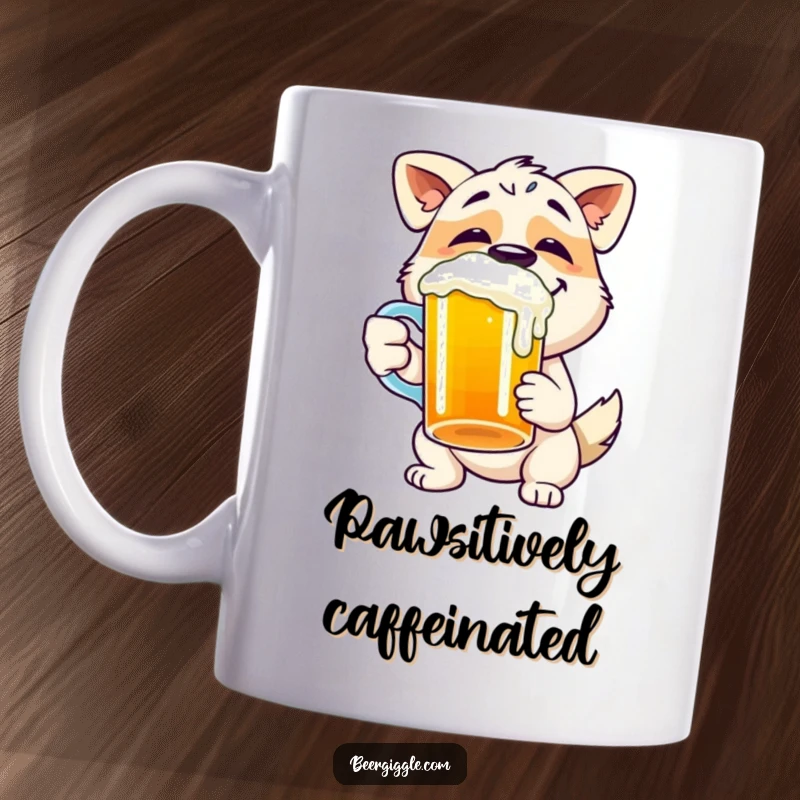 Funny dog mug showing a happy character gleefully chugging from a beer mug, perfect for dog lovers.