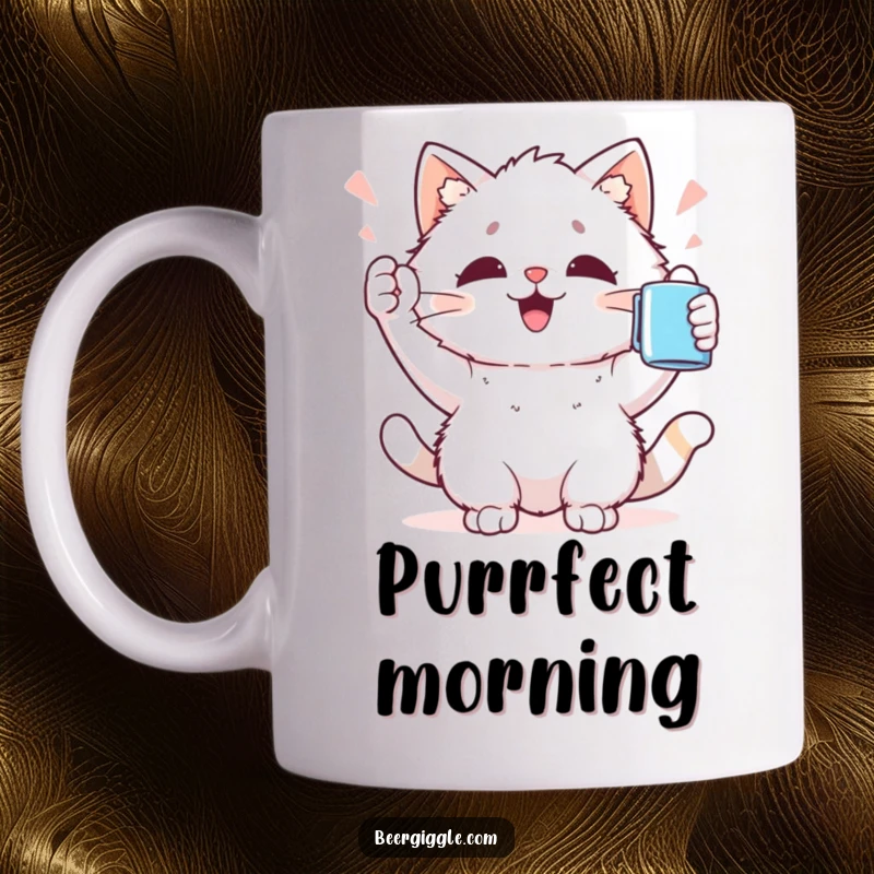 Funny Kawaii Cat Mug: Fluffy cat character joyfully cheers, holding a mug aloft in a celebration of happiness.