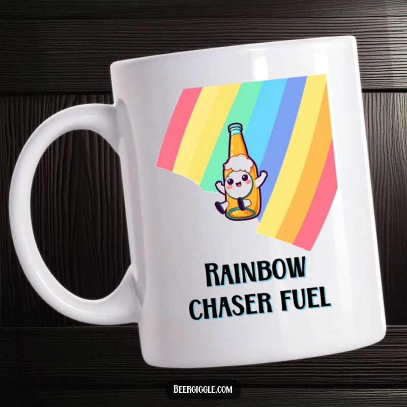 Funny kawaii beer bottle character joyfully sliding down a vibrant rainbow on a mug, symbolizing fun and celebration.