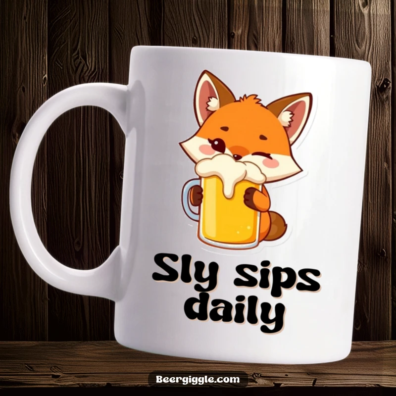 Funny fox mug with a playful character winking while toasting a beer mug, perfect for witty individuals.